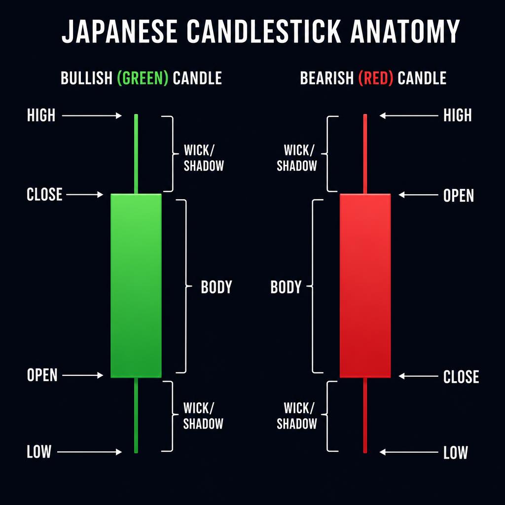 Anatomija japonskega svečnika — bikovska in medvedja sveča z označbami OHLC