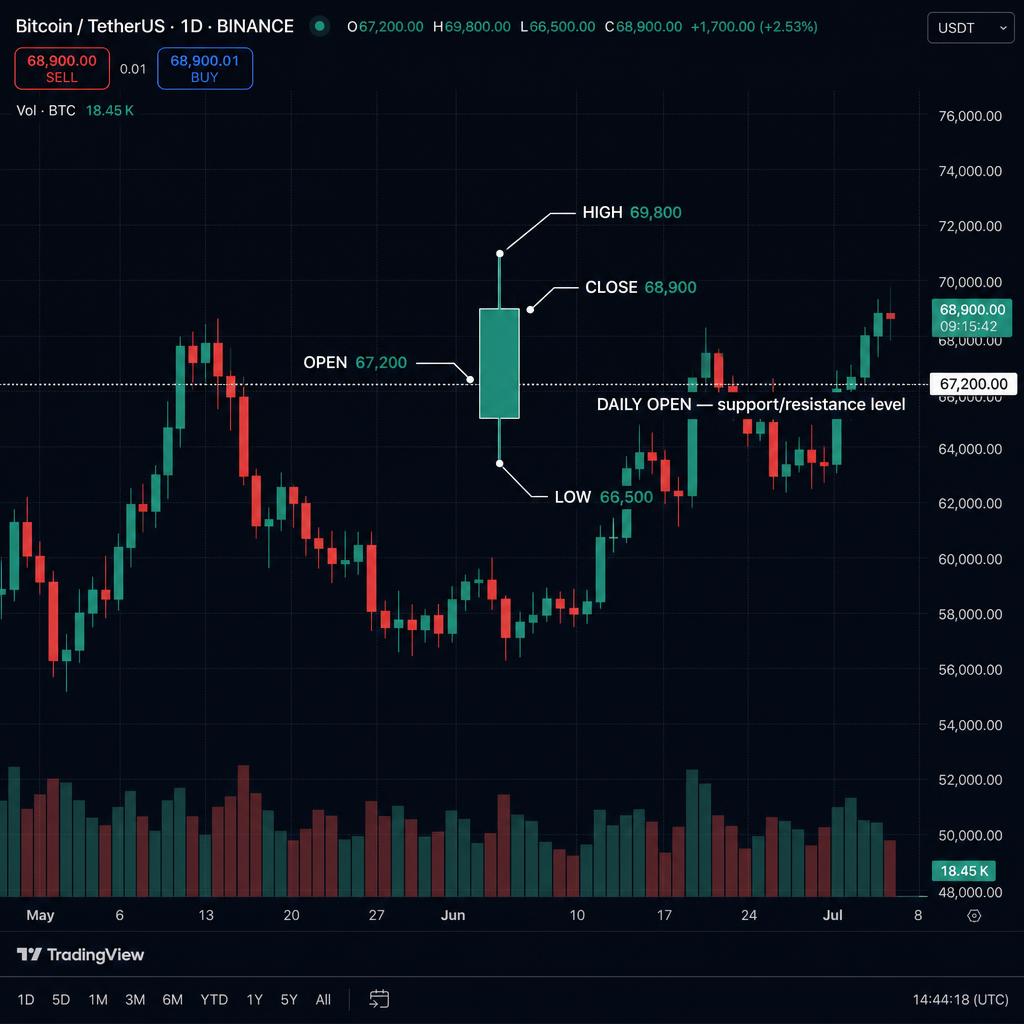 BTC/USDT dnevna sveča z označenimi OHLC nivoji