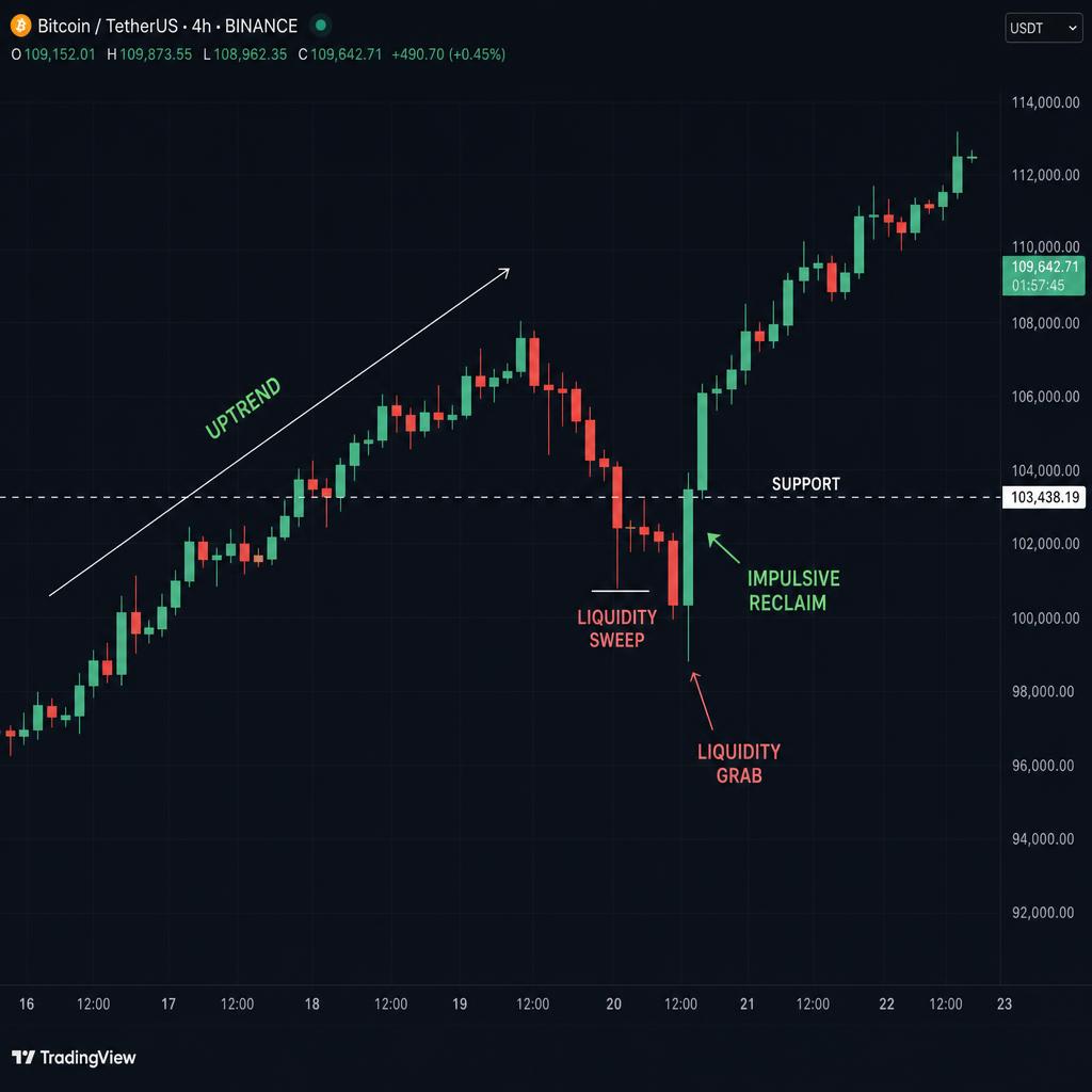 BTC/USDT 4h — bullish CDC z likvidnostnim zamahom v rastočem trendu