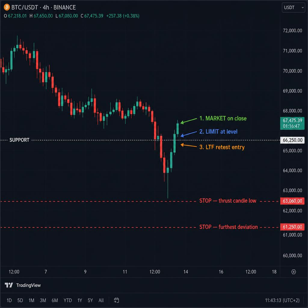 BTC/USDT 4h — trije vstopni sprožilci in dve postavitvi stop-lossa za CDC