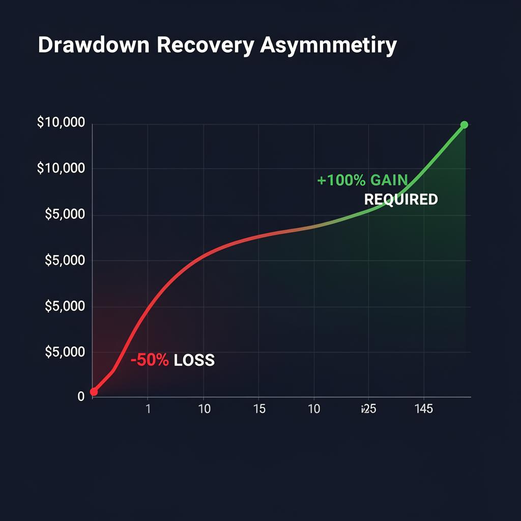 Asimetrija drawdowna — 50 % izguba zahteva 100 % donos za okrevanje