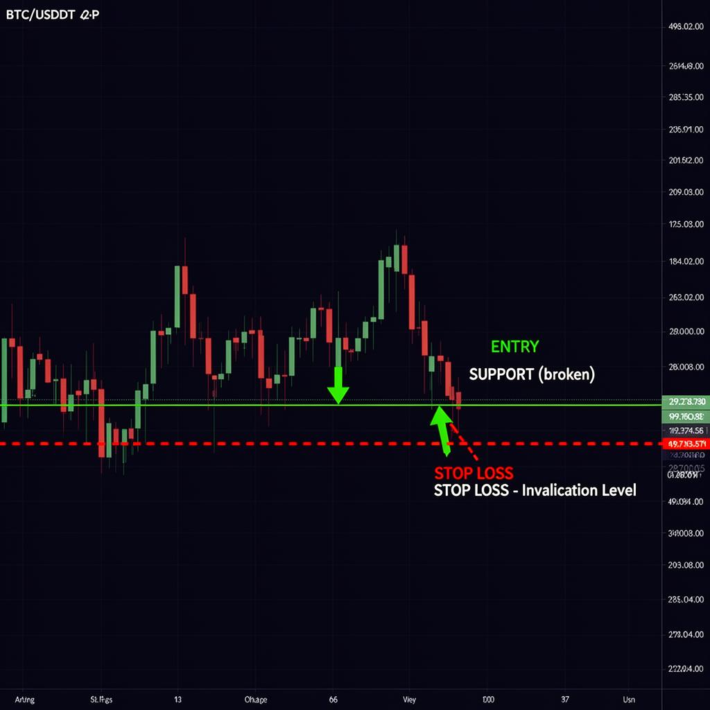 Stop-loss postavljen pod nivo razveljavitve na BTC/USDT grafu