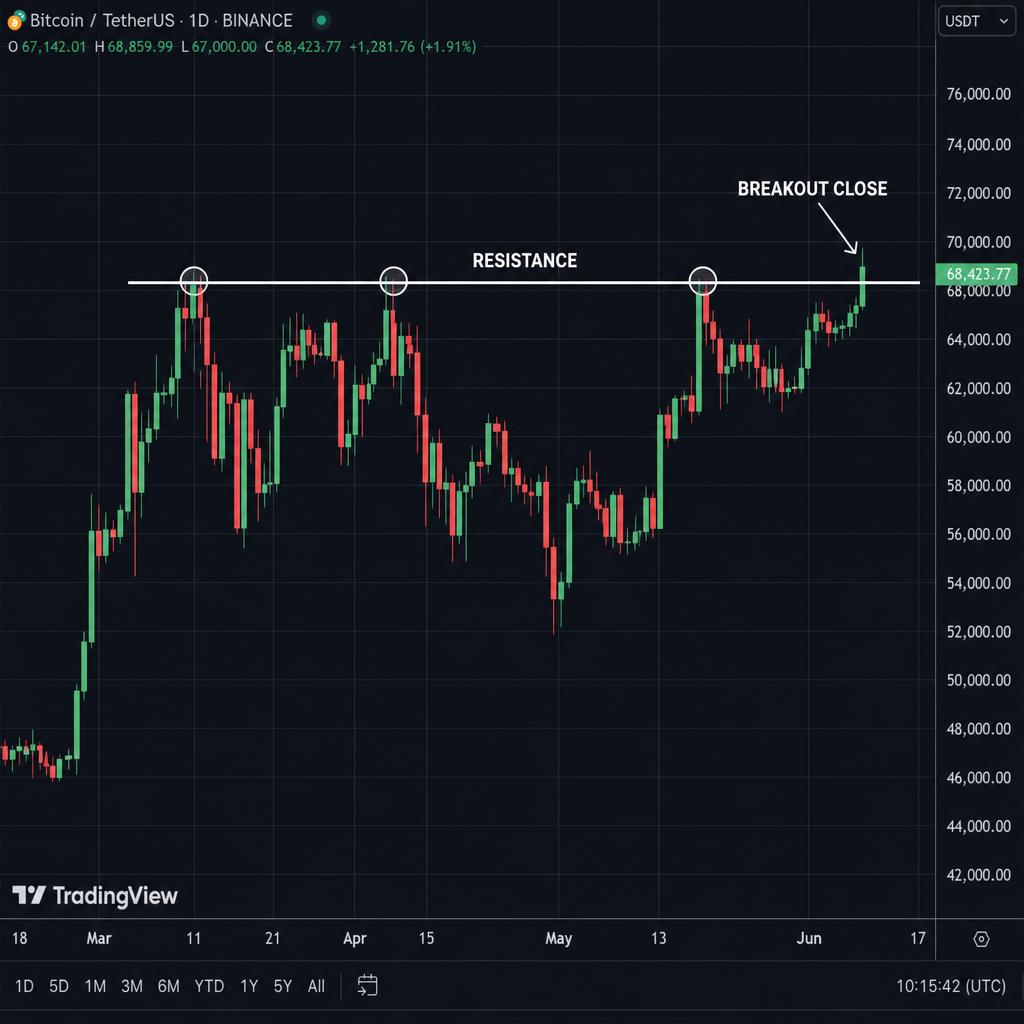 BTC/USDT dnevni graf — preboj odpora s potrjenim zapiranjem sveče