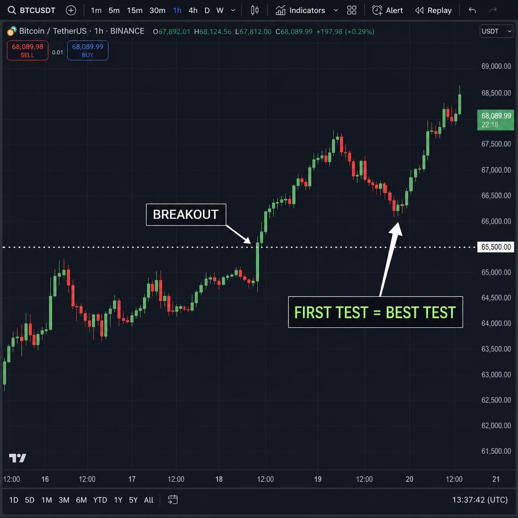 BTC/USDT 1h — prvi retest prebitega nivoja je najboljši vstop