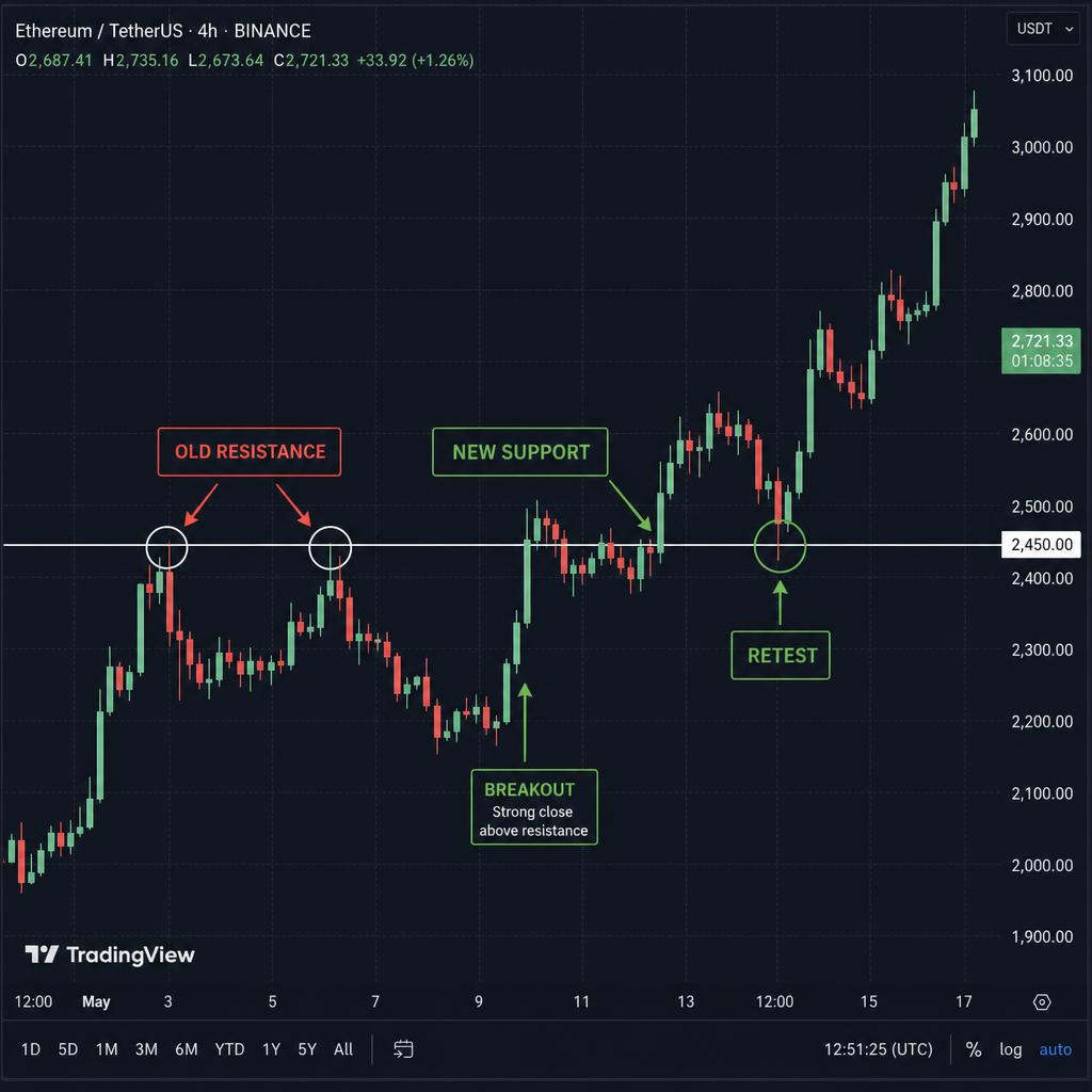ETH/USDT 4h graf — SR Flip iz odpora v podporo
