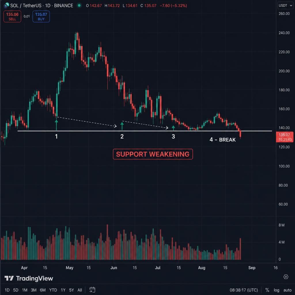 SOL/USDT — vsak naslednji dotik podpore je šibkejši