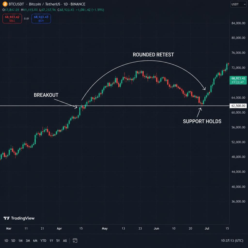 BTC/USDT dnevni graf — zaokroženi retest po dolgem rallyu